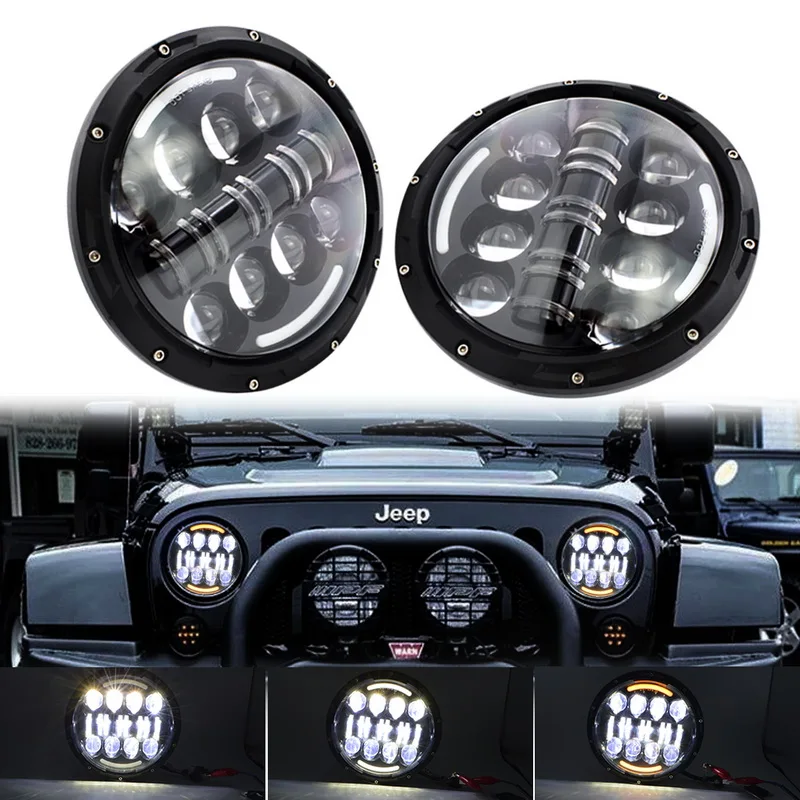 Safego 40W 7&quot Round Wrangler Angel Eye LED Headlight DRL High Low Beam Turn Signal with Halo Ring H4 H13 for Offroad Motorcycle |