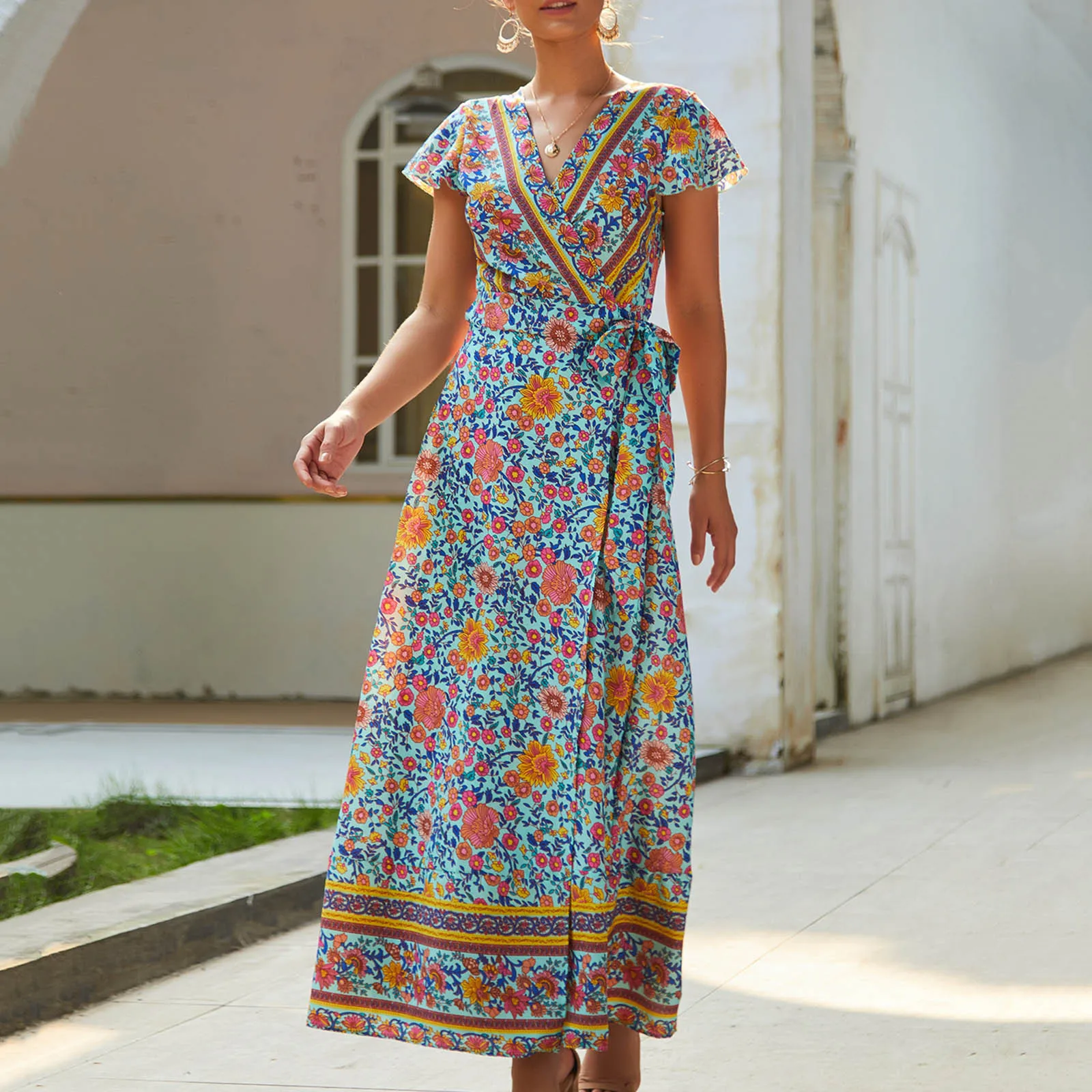 

Bohemian Floral Dress Women Ruffle Tunic Patchwork Long Dresses Short Sleeve V Neck Elegant Women Summer Sundresses Vestidos
