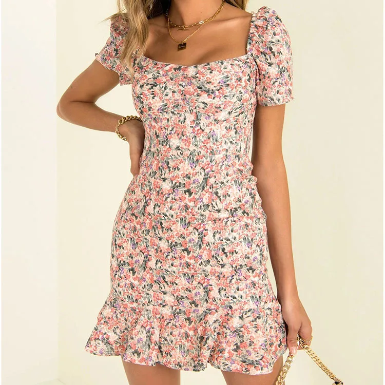 

2021 summer new style short-sleeved square neck print slim-fitting lotus leaf fishtail dress women