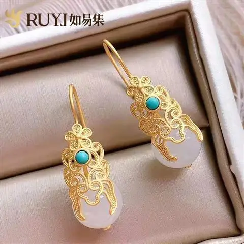 

Hetian Jade Earrings Ethnic Style Chinese Style Ethnic Style Antique Eardrops Super Fairy Court Style Cheongsam Accessories Earr