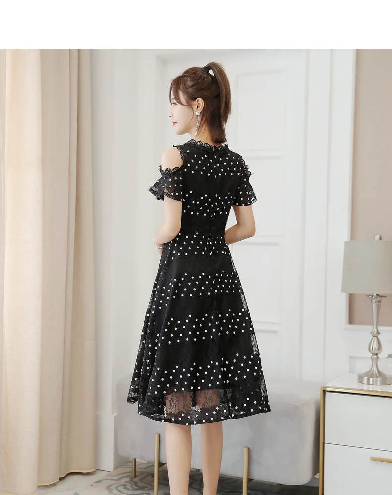 

Dress Women 2021 Korean Sexy Off Shoulder Patchwork Lace Dresses Ladies Elegant Black Dot Dress Lady Fashion Sheer Clothing