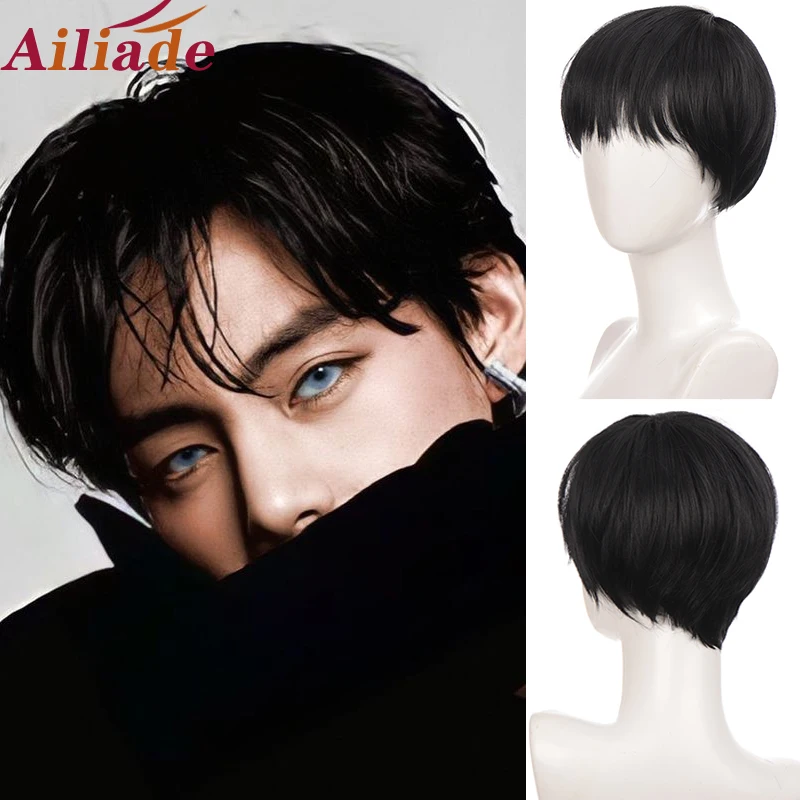 

Ailiade Black Men's Wigs 12" Short Straight With Bangs Synthetic Wig for Women Male Boy Cosplay Anime Party Daily Costume Wig