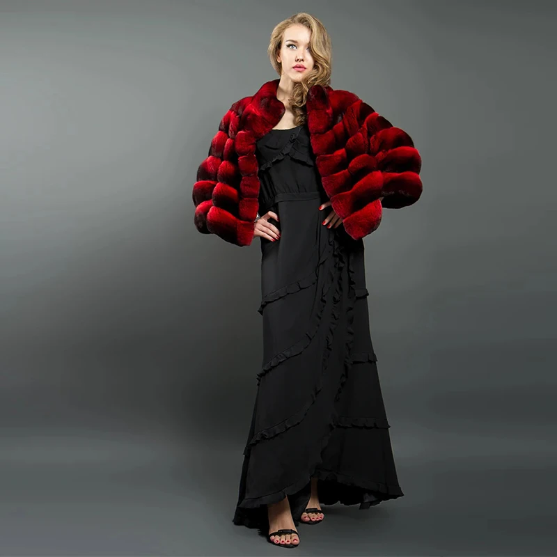 FURSARCAR 50cm Short Fashion Chinchilla Fur Jacket Women 2021 Natural Real Rex Rabbit Fur Coat Winter Outwear With Collar