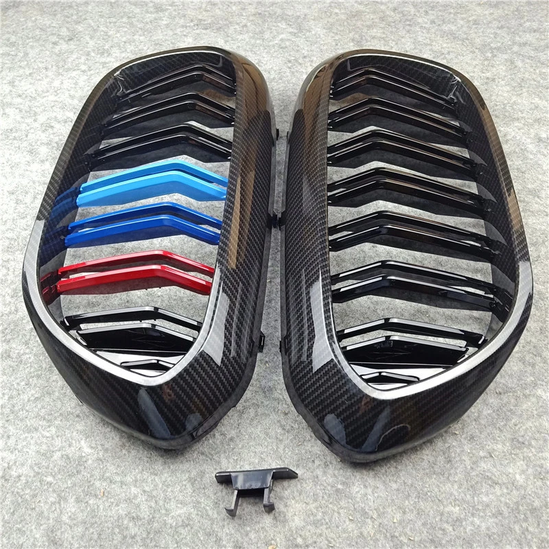 A Pair G30 G38 Carbon Look Double Slat Car Grille For Bmw 5 Series 2018-IN ABS Glossy Black/ M Color Replacement Front |
