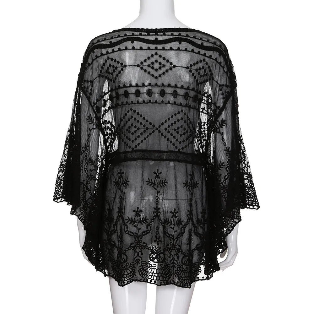 

Summer Beachwear Mini Dress Women Sexy Long Sleeve V-Neck Boho Lace Cover UPS Short Mini Dress Ladies Mesh Sundress Vestidos