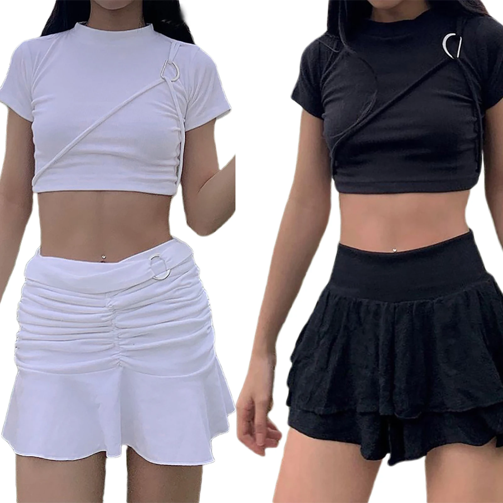 

Women Summer Crop Tops, Solid Color O-Neck Short Sleeves Slim Strappy Camisole for Girls, Black/White