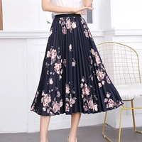 korean fashion skirts womens 2021 elastic waist printed mid length with pleated large hem a line skirt faldas largas %d1%8e%d0%b1%d0%ba%d0%b8