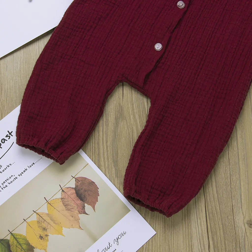 Детский однотонный комбинезон из хлопка и льна с рукавами фонариками оборками