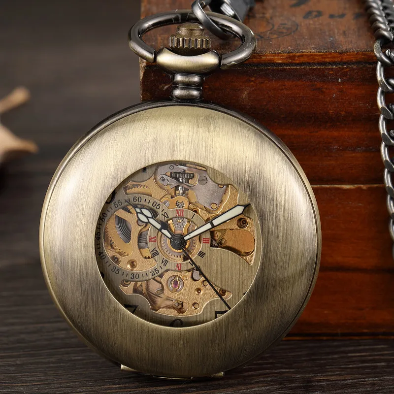 

Antique Bronze Mechanical Pocket Watch Man Women Retro Exquisite Carved Roman Dial Design Steampunk FOB Chain Clock Gift relogio