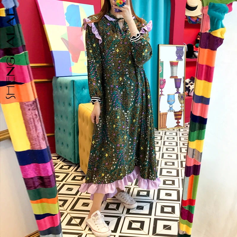 Женское длинное платье SHENGPALAE с длинным рукавом и треугольным вырезом