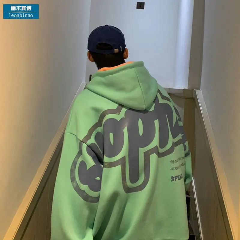 

2021Hooded sweater men's spring and autumn loose casual Plush thickened coat fried street port fashion brand trend coat