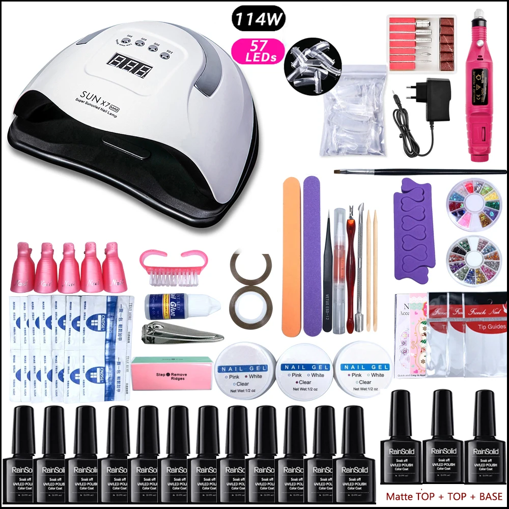 

Manicure Set 12 Colors Gel Polish Base Top Coat Nail Kit 114w/90w/72w Uv Led Lamp Electric Manicure Handle Nail Art set