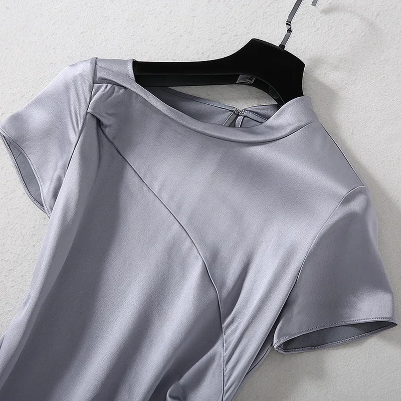 

Top Quality New 2020 Summer Silk Long Dress Women O-Neck Pleated Ruffle Sexy Short Sleeve Apricot Grey A-Line Dress Luxury