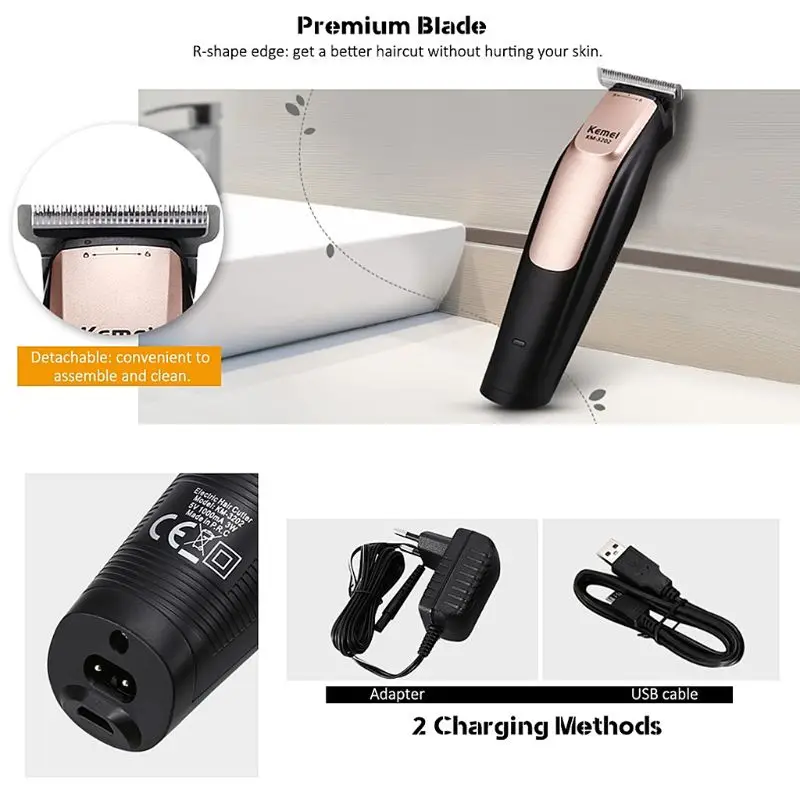 Kemei KM - 3202 USB Rechargeable Electric Hair Clipper Trimmer for Styling Haircut Home Barber Salon 4XFB |