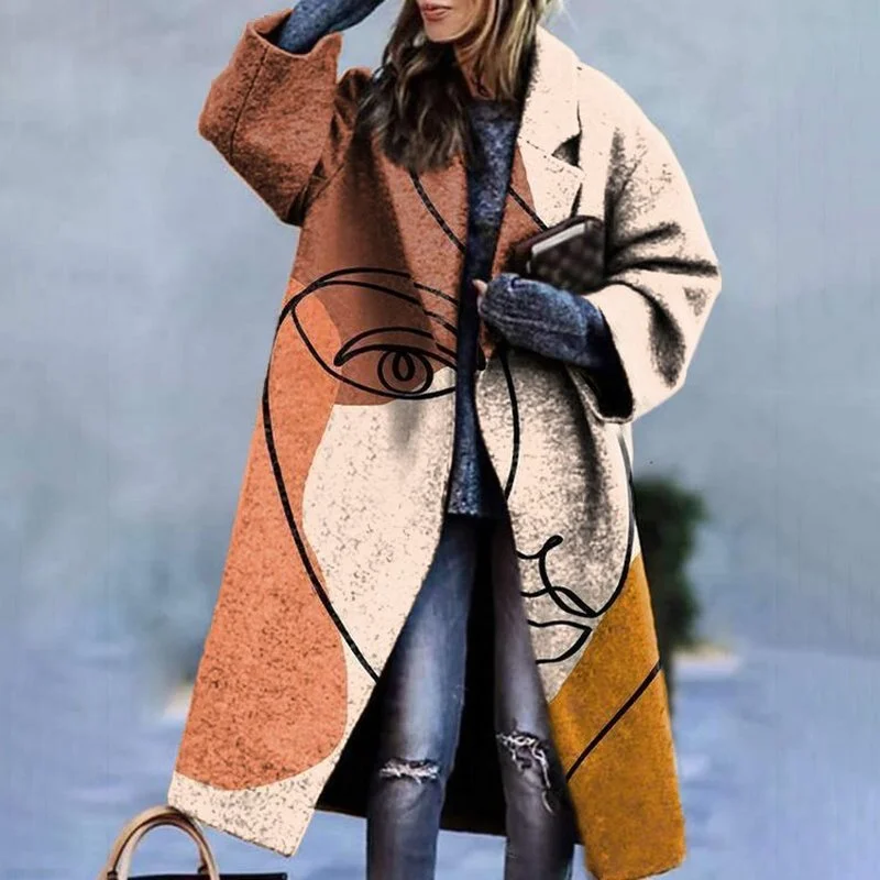 

2021 New Style Patchwork Print Long Winter Woolen Coat Women Warm Korean Casual Loose Turn-down Collar Long Sleeve Jacket Winter