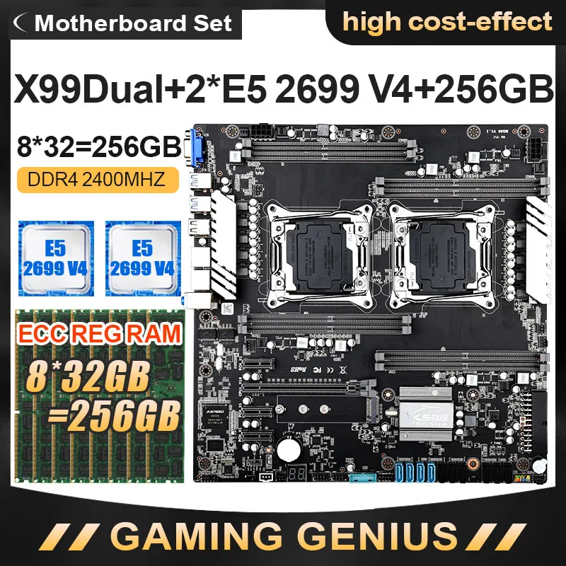 Verkauf JINGSHA X99 Dual CPU Motherboard Set Mit E5-2699 V4 CPU Und DDR4 8*32GB 256GB ECC REG 2400MHZ Dual Gigabit Ethernet VGA USB 3,0