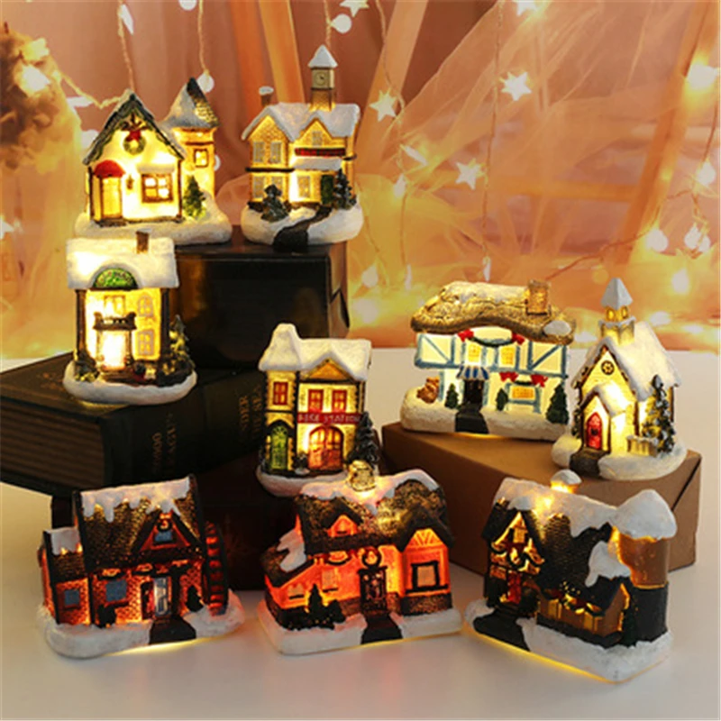 

Creative Retro Resin House Statue Model With LED Light Room Desktop Home Decor New Year 2022 Kids Gift For Christmas Decoration