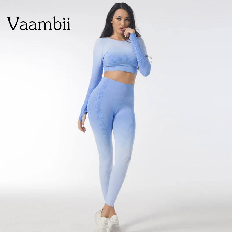 

Женский костюм для фитнеса Ombre, бесшовный укороченный Топ с длинным рукавом и леггинсы