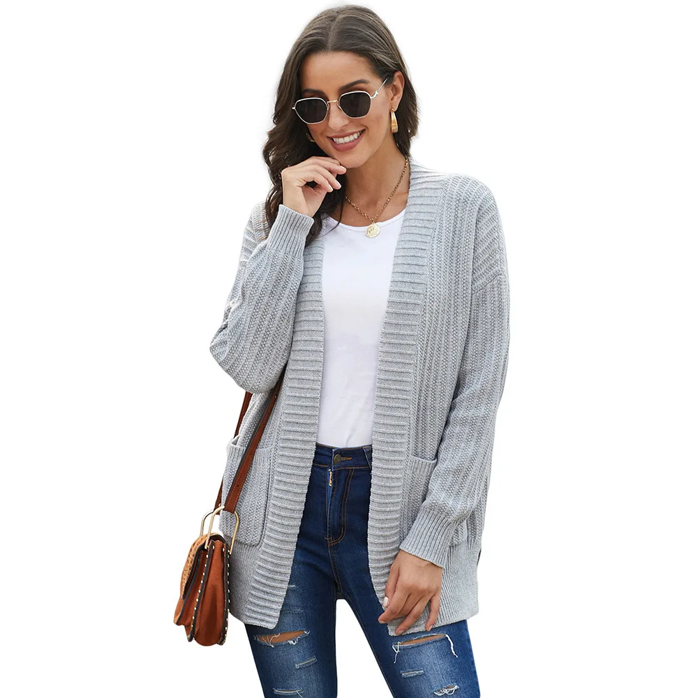 Женский свободный кардиган с длинными рукавами и воротником-шалью карманом