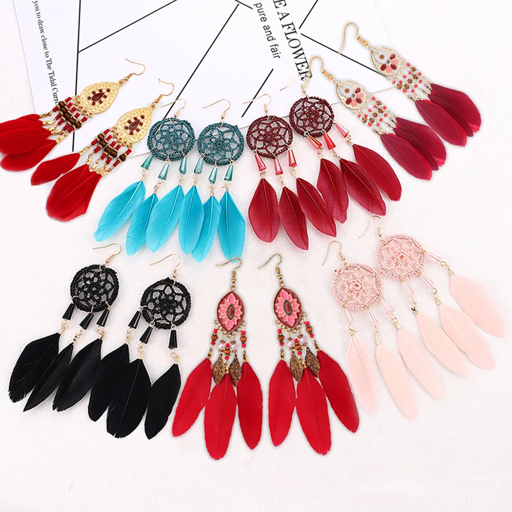 

New Bohemian Dream Catcher Drop Feather Red Color Earrings Long Hand-woven Retro Fantasy Exaggerated Tassel Earrings