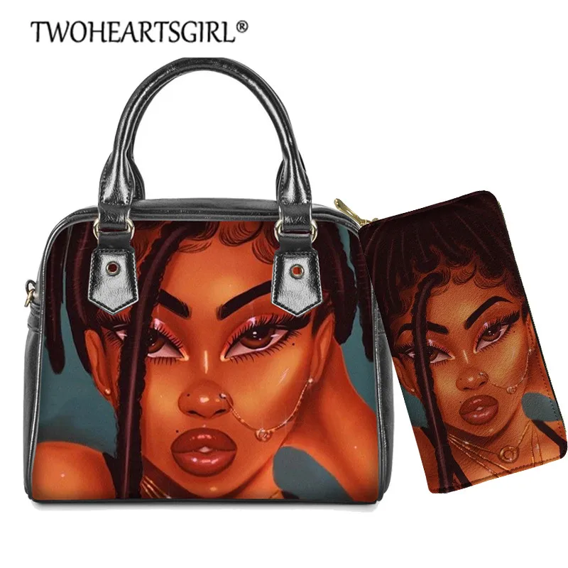 Bolsas de Ombro para as Mulheres do Plutônio Bolsa de Couro Twoheartsgirl Africano Preto Menina Conjunto Afro Senhora Crossbody Bolsa Sac um Principal