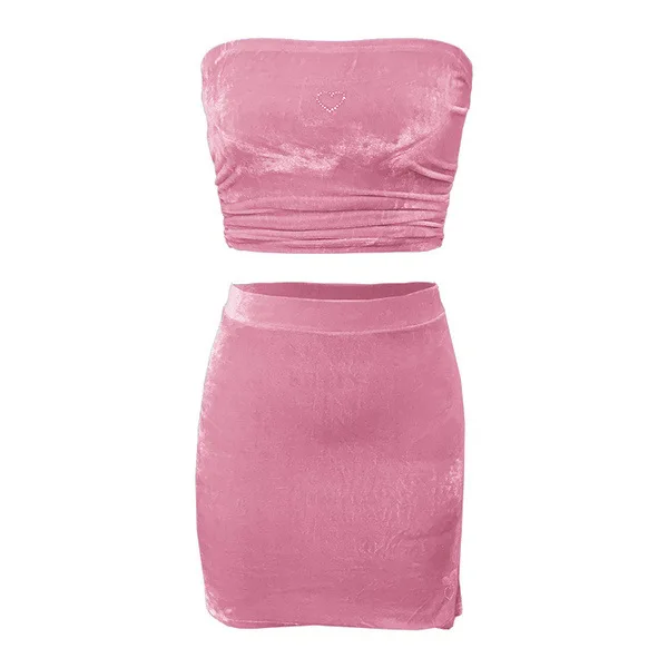 

Summer Strapless Crop Top Skirts 2 Piece Set Women Solid Color Casual Party Suits Comfort Lounge Set Outfit Femme