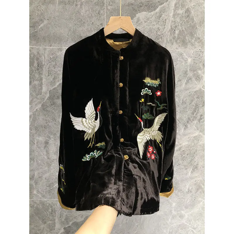 

Women Spring Autumn Loose Solid Color Blouse Coat Ladies Embroidery Vintage Street Style Black Square Collar Top
