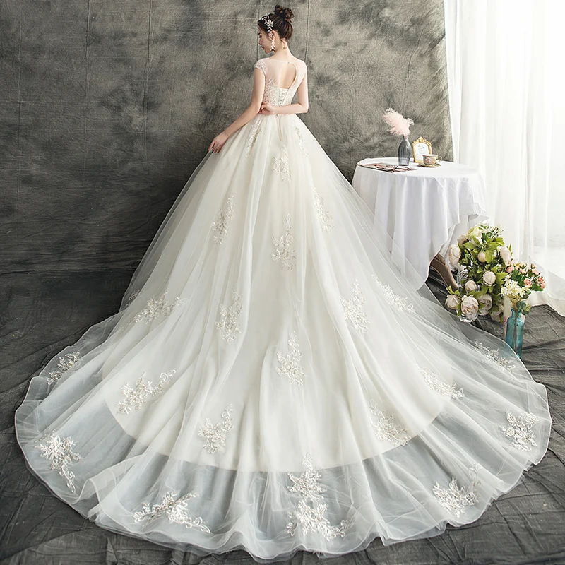 Mrs Win/свадебное платье Роскошное кружевное длинное бальное с круглым вырезом и