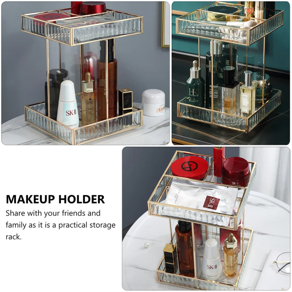 

1Pc 360 Rotating Display Stand Double Layers Makeup Storage Rack (Golden)