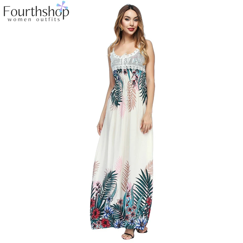 Летнее пляжное платье с длинным цветочным принтом кружевное Открытое без