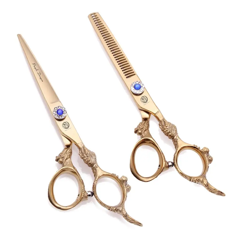 Барберские ножницы с сумкой Purple Dragon 5.5" Япония 440C для стрижки и разреживания волос 9004# черного цвета с рисунком на ручке.