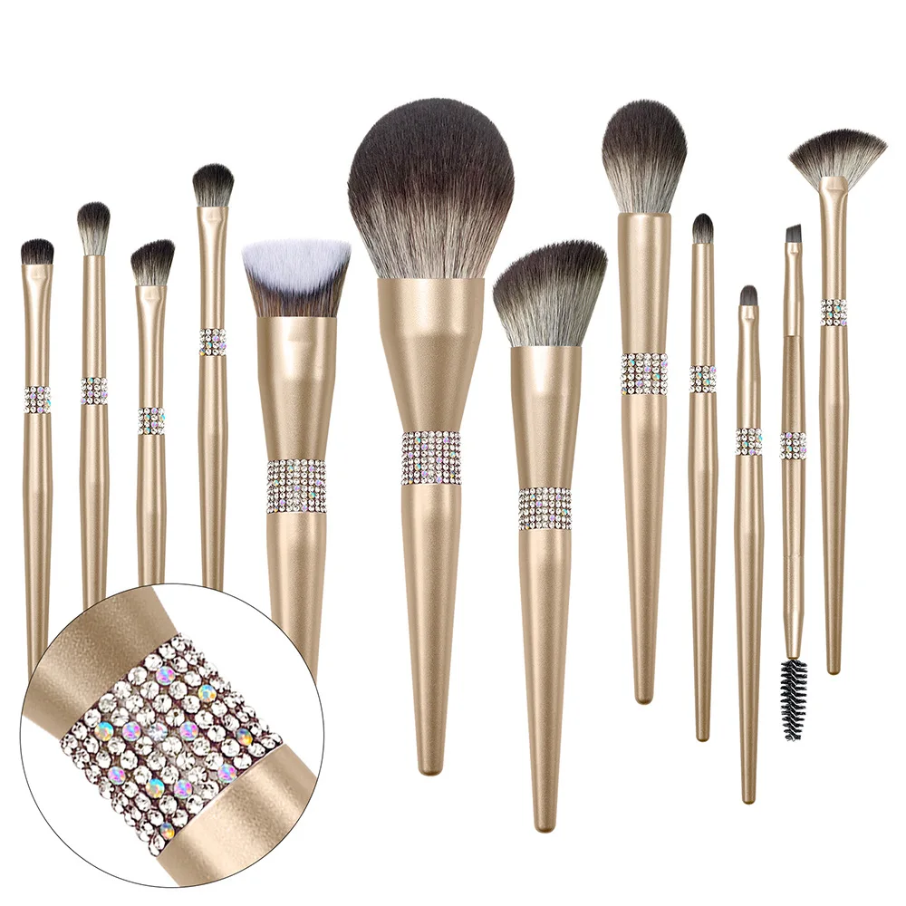 

Champagne Gold Makeup Brush Set 12PCS Famous Brand Bright Diamond-encrusted Makeup Brushes Female Cosmetic tools