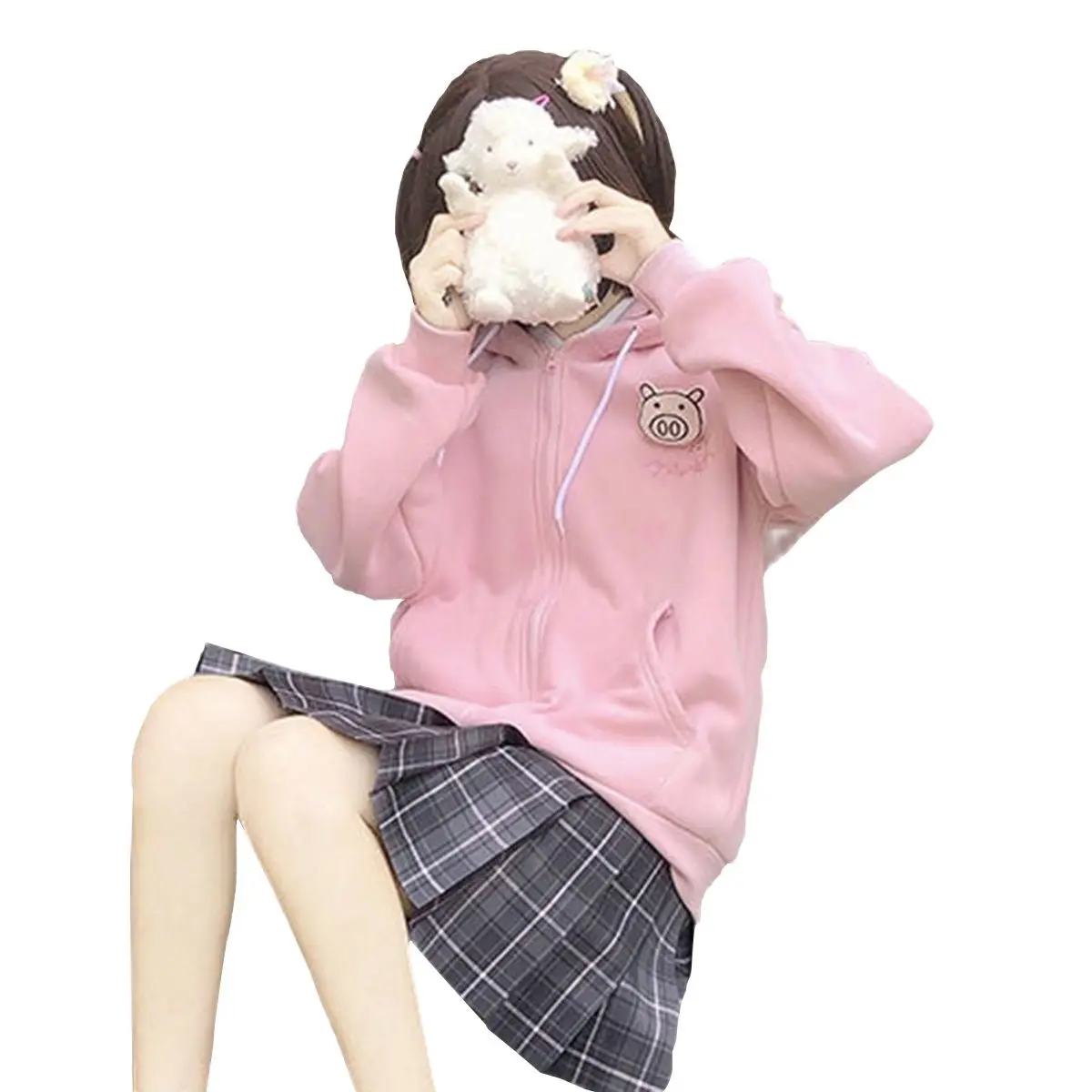 

Oversized Zip Up Hoodies Y2k Kawaii Pink Clothes Korean Piggy Embroidered Sweatshirt Tops 2021 Fashion Women Clothing