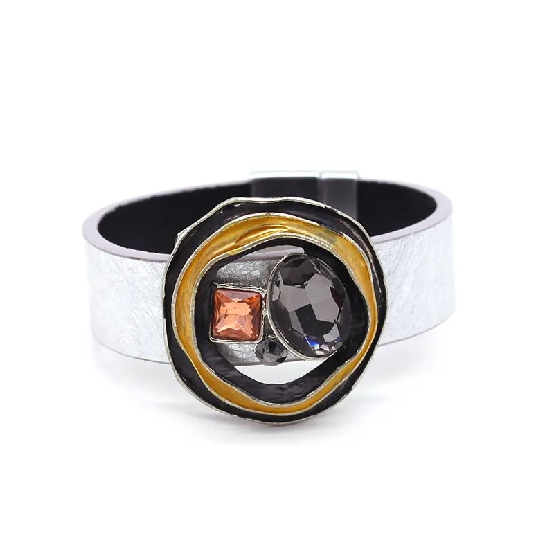 D & широкий кожи с украшениями в виде кристаллов Кожаные браслеты из нержавеющей