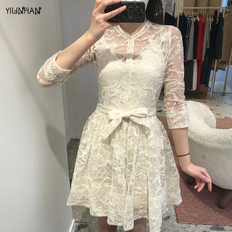 

YILINHAN 2pcs France Woman Lace Dress Long Sleeve White Hollow Out Floral Rope Belt Set Lady Casual Formal Elegant Outfit