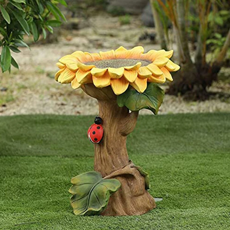 

Outdoor Sunflower Bird Bath Garden Ornament with Ladybug Resin Yard Lawn Decoration Outdoor Statues Handmade Wild Bird