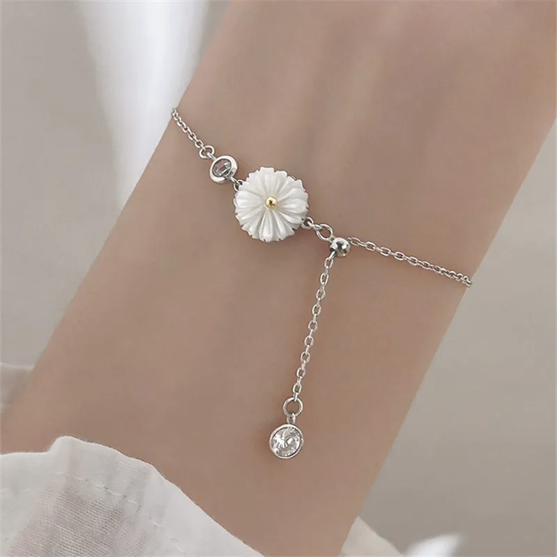 925 Sterling Silver Shell Daisy Crystal Round Charm Bracelet For Women &ampBangle Wedding Jewelry Party SL123 | Украшения и
