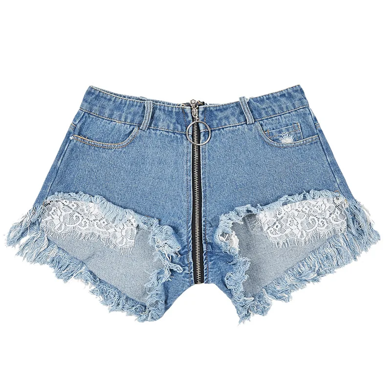 Fashion Trend Sexy Women Tassel Low Rise Waist Hot Short Zipper Open Crotch Denim Booty Jeans Shorts Plus Size 2019 | Женская одежда