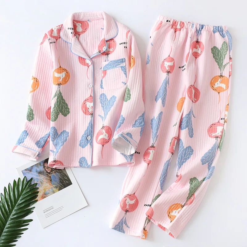 Зимние теплые свежий Пижама с изображением листьев комплект для женщин