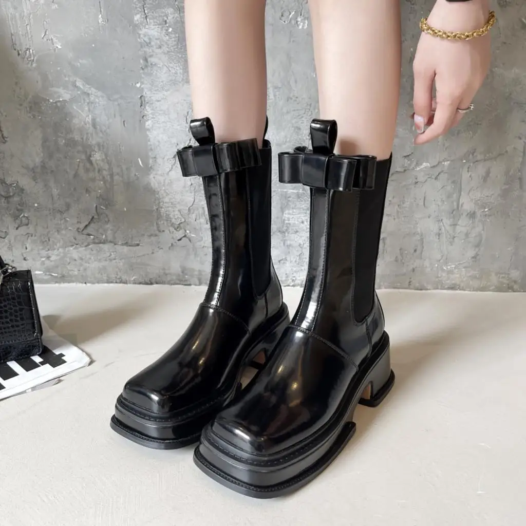 

KarinLuna Female Boots Elastic Band With Butterfly-knot 2021 Winter Platform Mid-Calf Women Boots Comfy Sexy Elegant Shoes