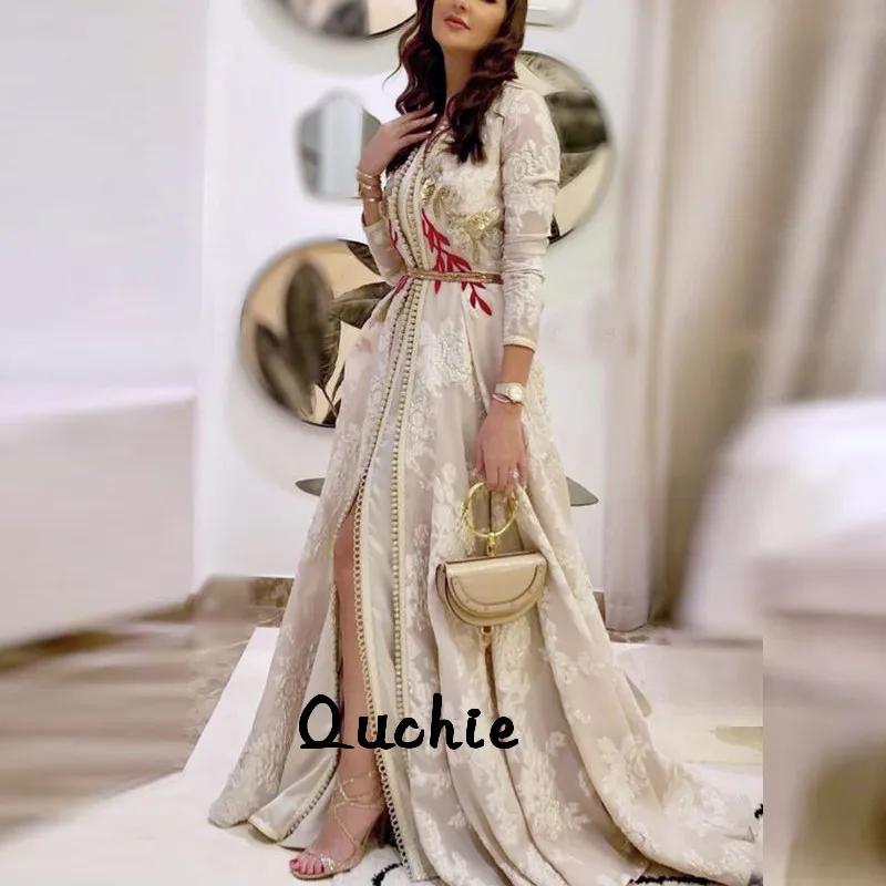 

Vintage Satin Ivory Moroccan Kaftan Evening Dresses Lace Applique Arabic Muslim Special Occasion Formal Party Gown