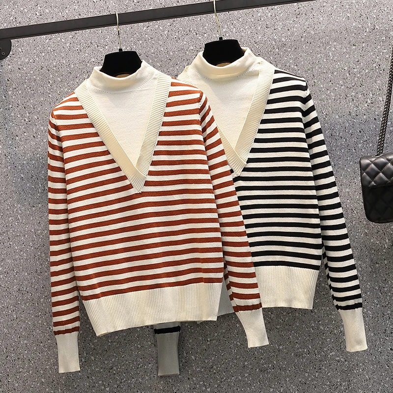 

Водолазка в полоску большого размера, модные пуловеры большого размера в Корейском стиле для осени, женская одежда, женский свитер, топы 2021 ...