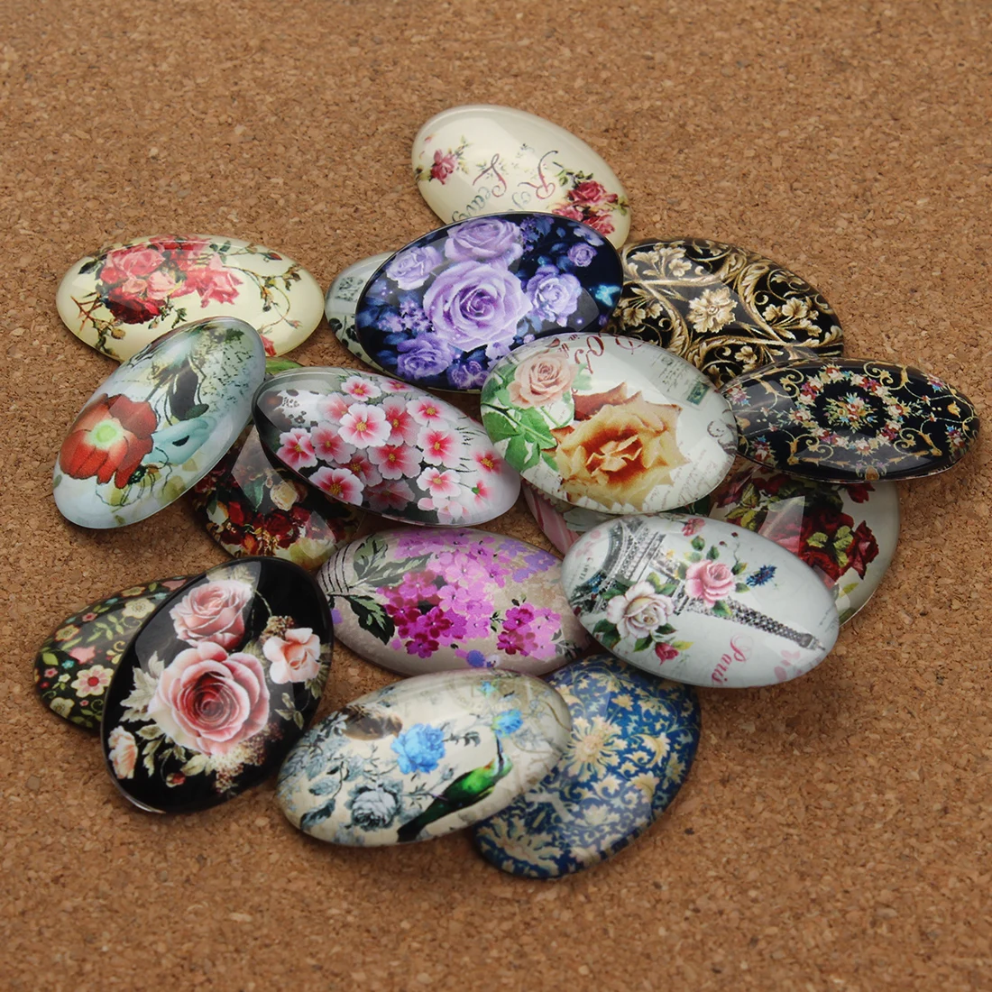 

20PCS/lot Olives Glass Flower Cabochon Beads Fit 20X30mm Blank Rings Bracelet Necklace Tray For DIY Charm Jewelry Making