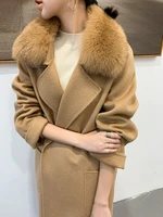 shzq double sided cashmere coat womens medium and long water ripple 2021 new autumn and winter high end loose fur collar coat