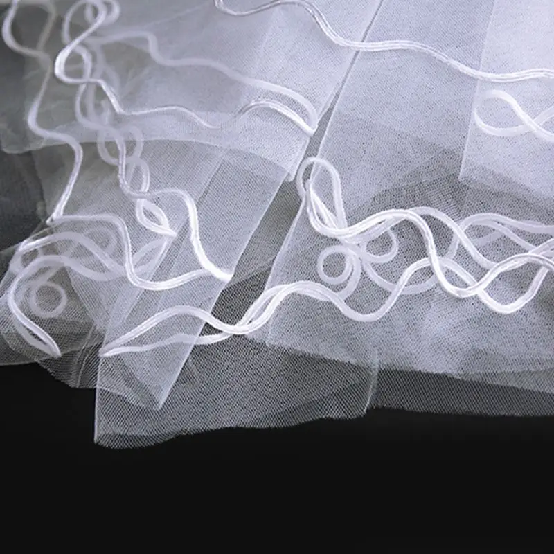 

1.5M One-Layer Women Short Fingertip Length Tulle Wedding Veil Spiral Wavy Satin Ribbon Trim Solid Color Sheer Thin Bridal Veil