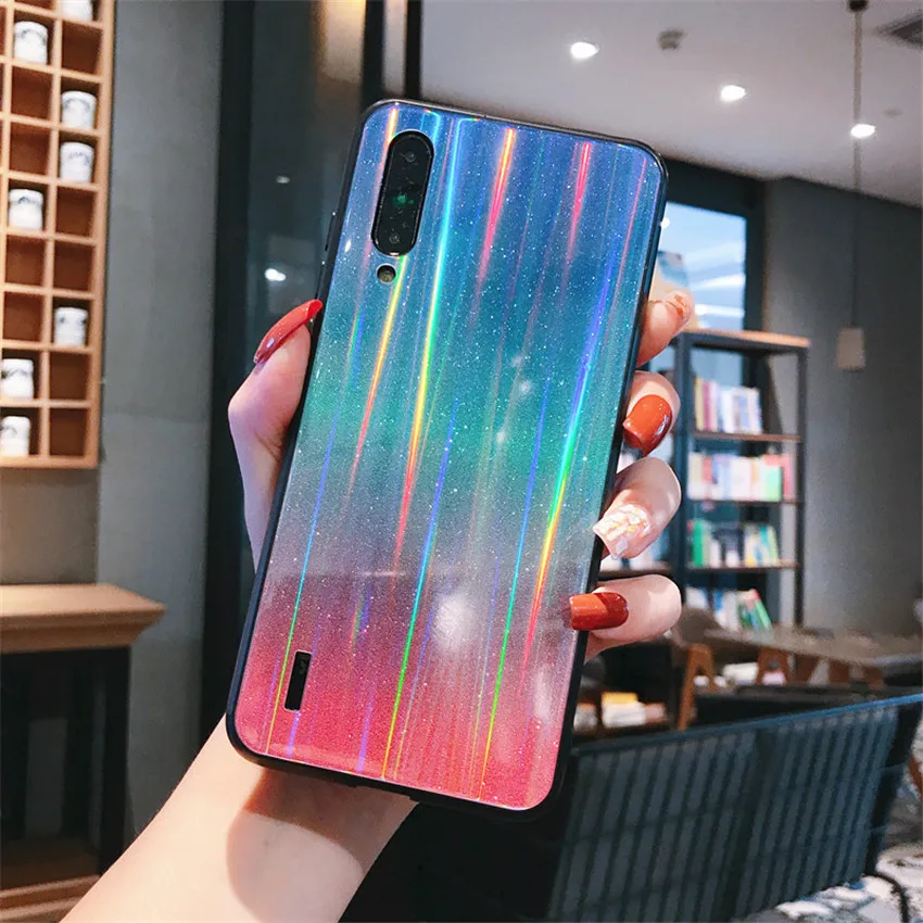 Чехол с лазерным градиентом и блестками для Xiao mi Red mi K20 Pro mi CC9 жесткая защитная задняя крышка из закаленного стекла для Red mi note 7 7A NOTE 8