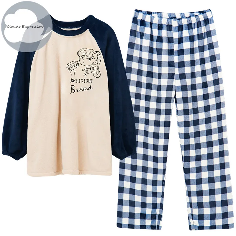 

Winter Warm Flannel Elegant Women Sleepwear Pajamas Girls Cartoon Pajama Set Pullover Coral Fleece Pijamas Mujer Home Suits