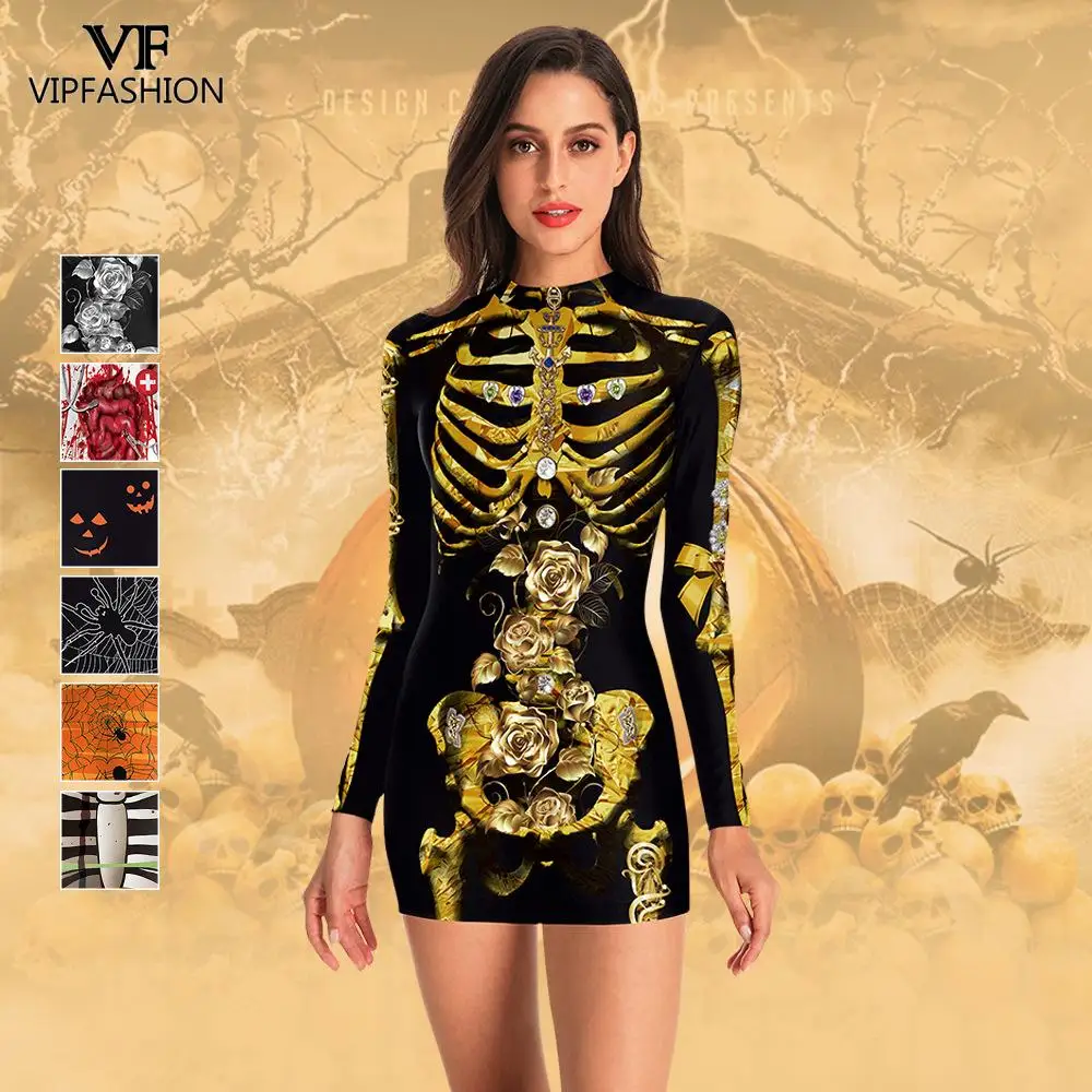 Модное осеннее облегающее платье VIP боди женское для Хэллоуина с золотым