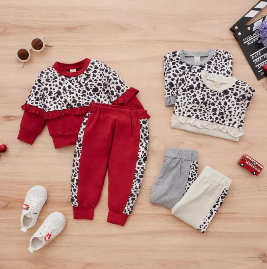 

Fall Girls Leopard Print Clothes Set Contrast Color Long Sleeve O-neck Tops with RuffleElastic Waist Trousers Warm Girls Outfits