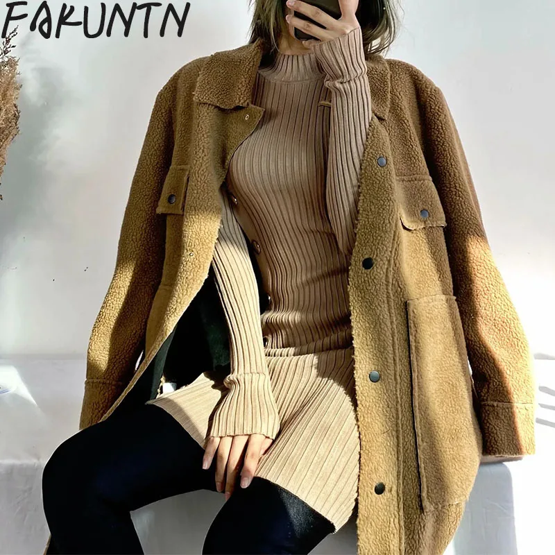 

FAKUNTN Plush Jacket Coats Women Clothes 2020 Fashion Spring Lapel Long Sleeve Big Pocket Outwear Warm Female Coat Women Jacket